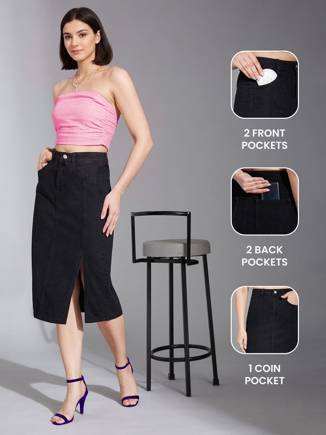 Black Straight-Fit High-Rise Stretchable Denim Midi Skirt for Women
