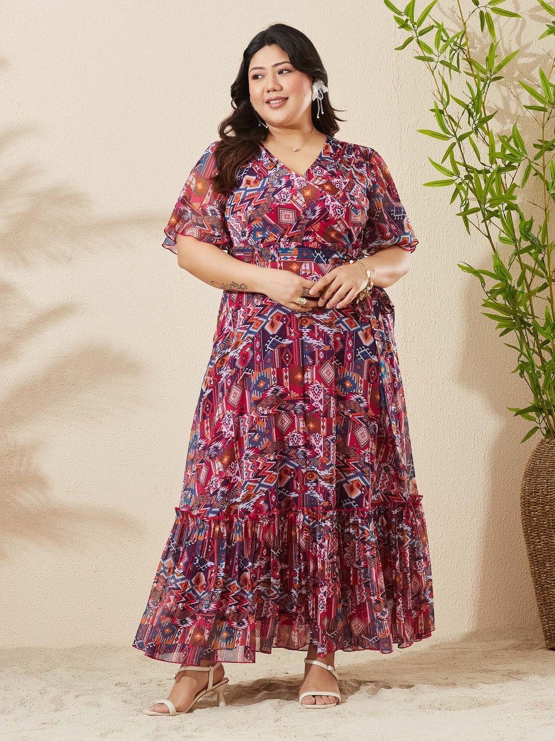 Floral V-Neck Flared Sleeve Wrap Chiffon Maxi Dress for Women