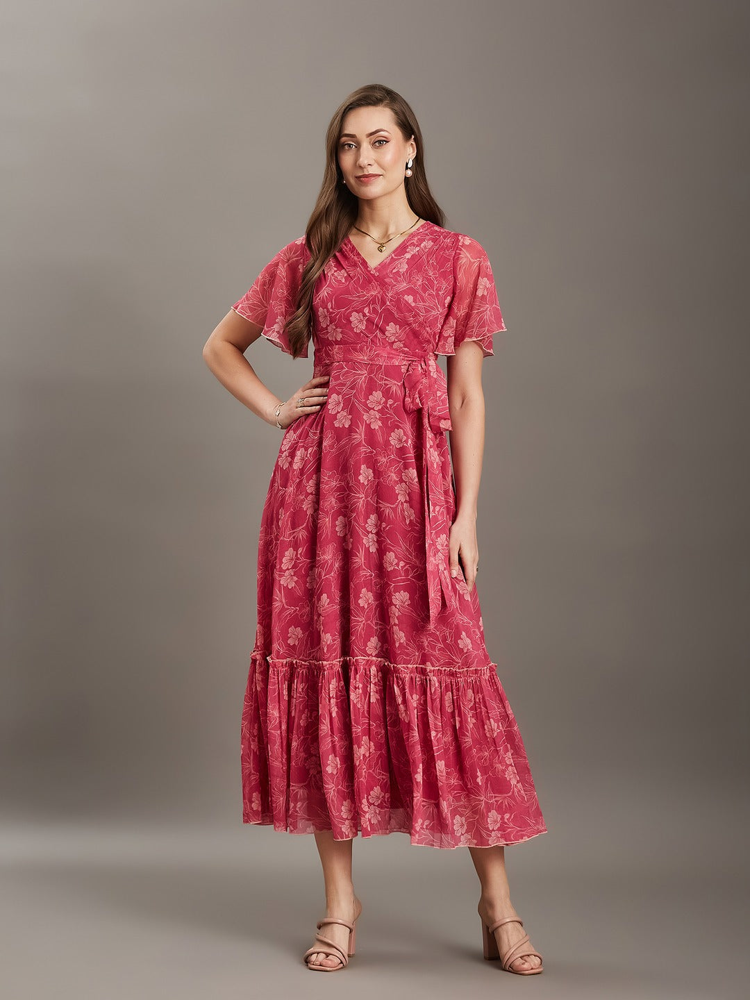 Pink Floral V-Neck Flared Sleeve Wrap Maxi Chiffon Dress for Women