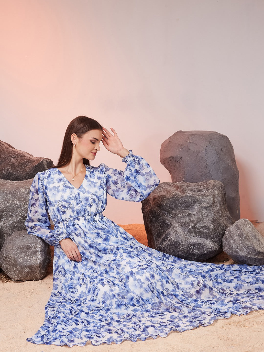 White V-Neck Full Sleeve Floral Gathered Chiffon Maxi Dress for Women