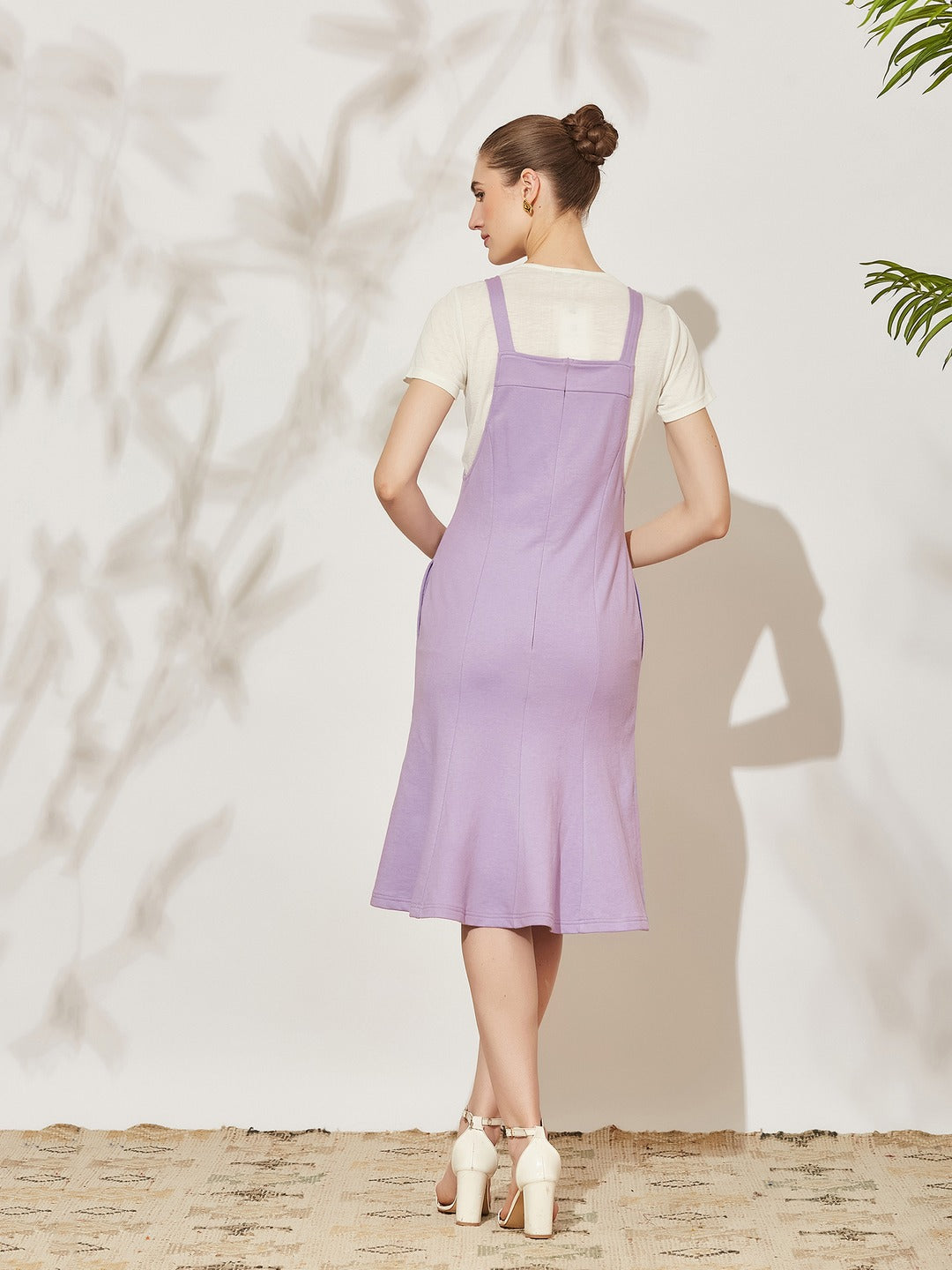 Lavender Round Neck Half Sleeve Solid Panneled/ Pinafore Knee-Long Polyester Dress Co-Ord Set for Women