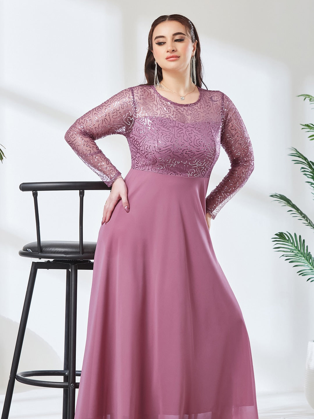 Dusty Lavender Solid Embellished Maxi Dress for Women