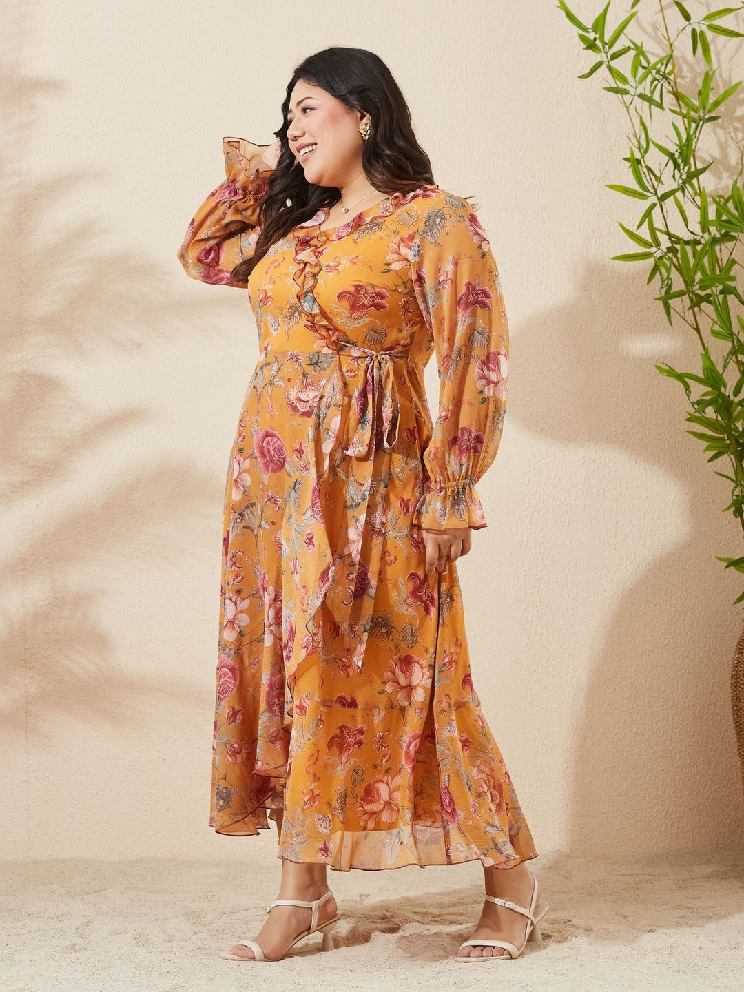 Mustard Bohemian Ruffled Tie-Up Midi Chiffon Dress for Women