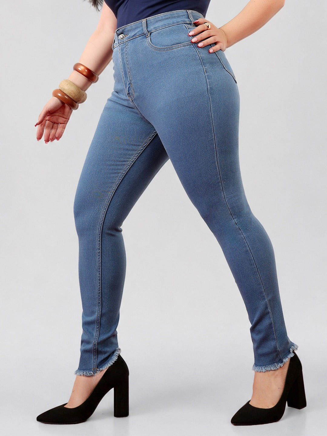 Blue Skinny High Rise Cropped Length Fringe Detailing Stretchable Denim Jeans for Women