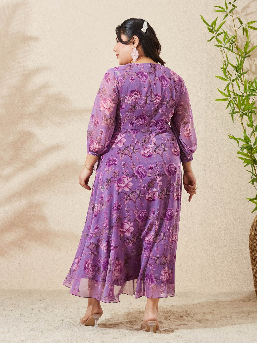 Lavender Floral V-Neck 3/4 Sleeve Wrap Chiffon Midi Dress for Women