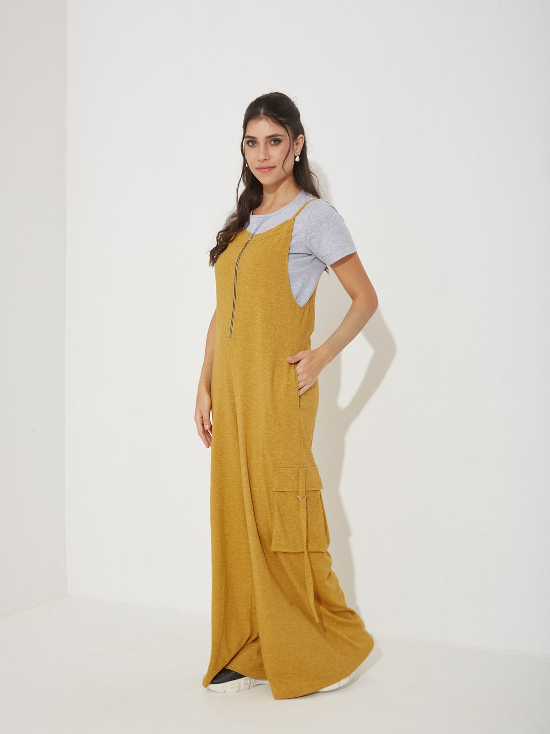Gold and Grey Round Neck Half Sleeve Solid Regular Fit Cotton Dungaree Co-Ord Set for Women