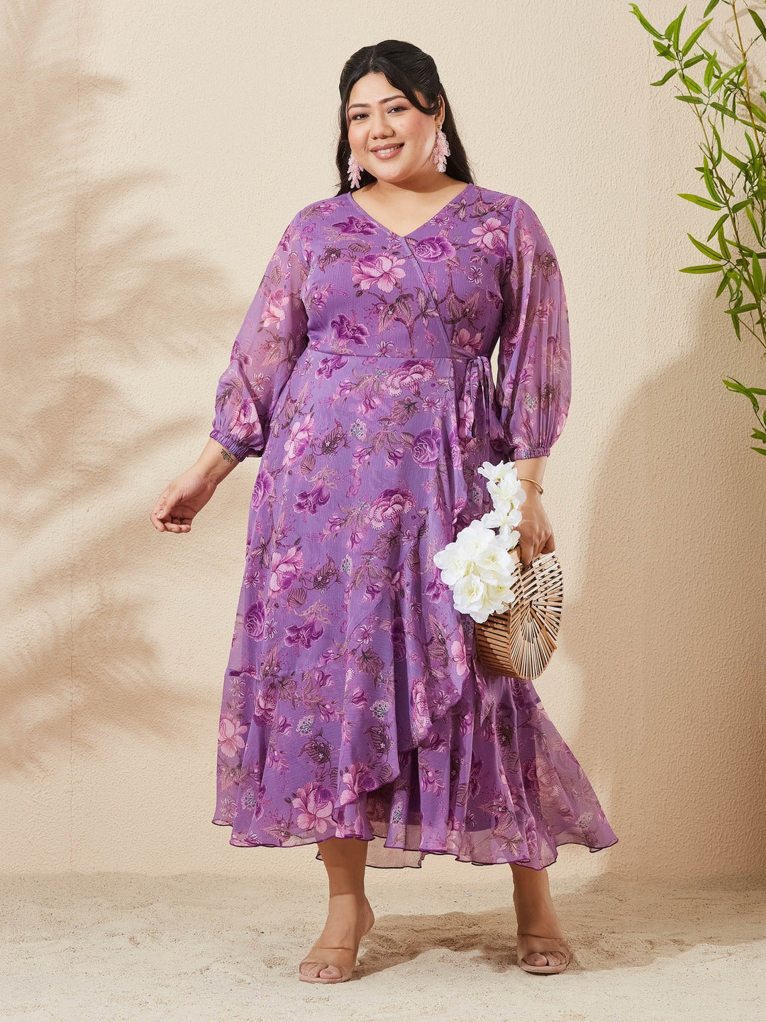 Lavender Floral V-Neck 3/4 Sleeve Wrap Chiffon Midi Dress for Women
