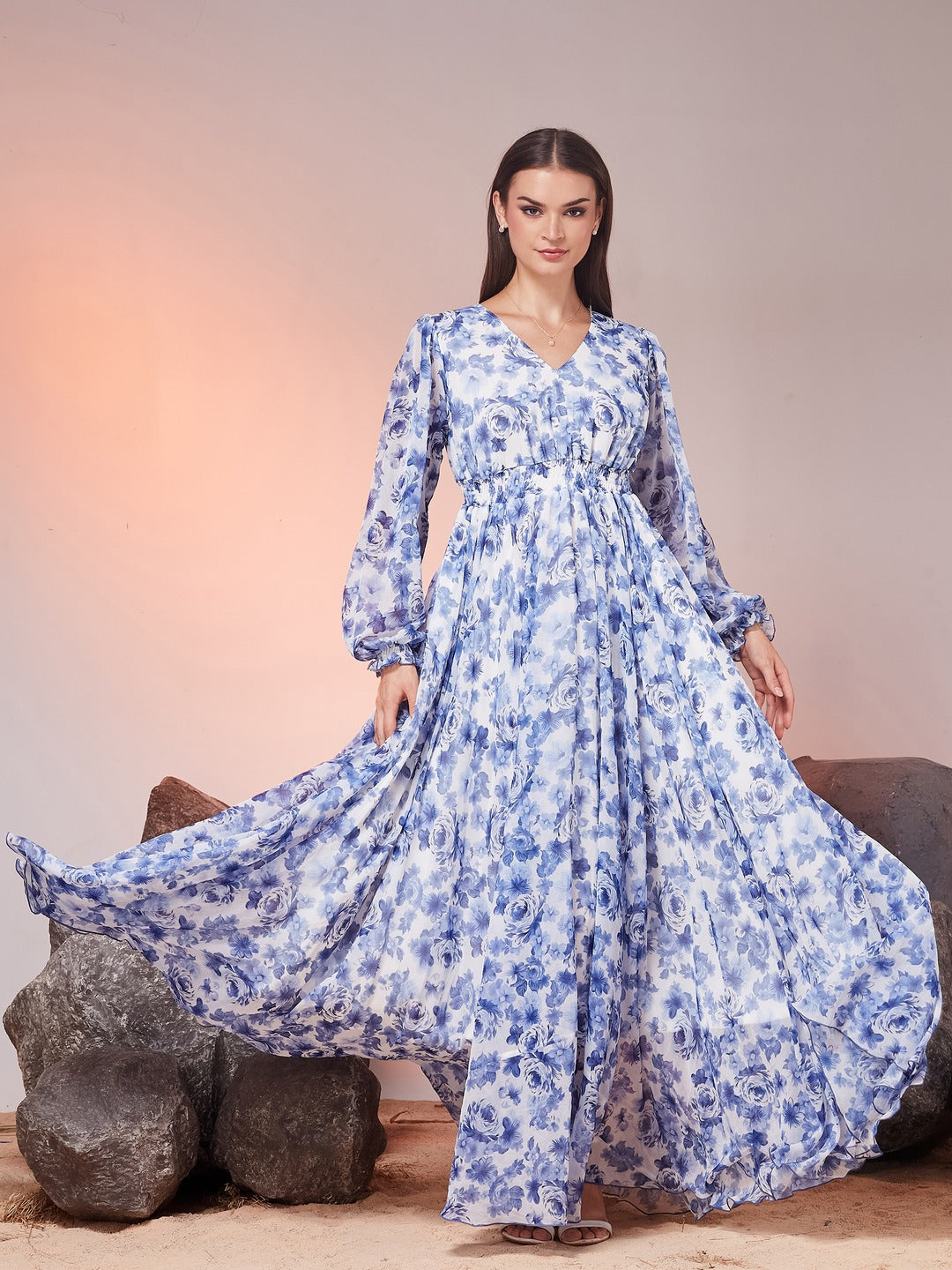 White V-Neck Full Sleeve Floral Gathered Chiffon Maxi Dress for Women