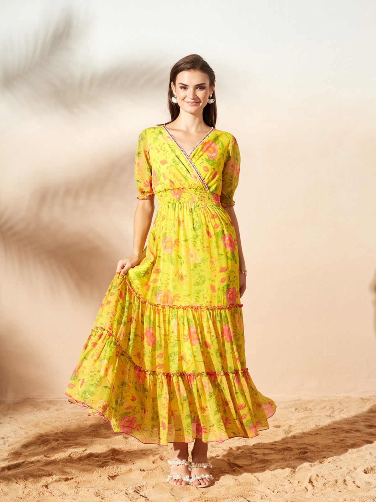 Acid Yellow V-Neck Puff Floral Overlap/ Tiered Maxi Chiffon Ethnic Dress for Women