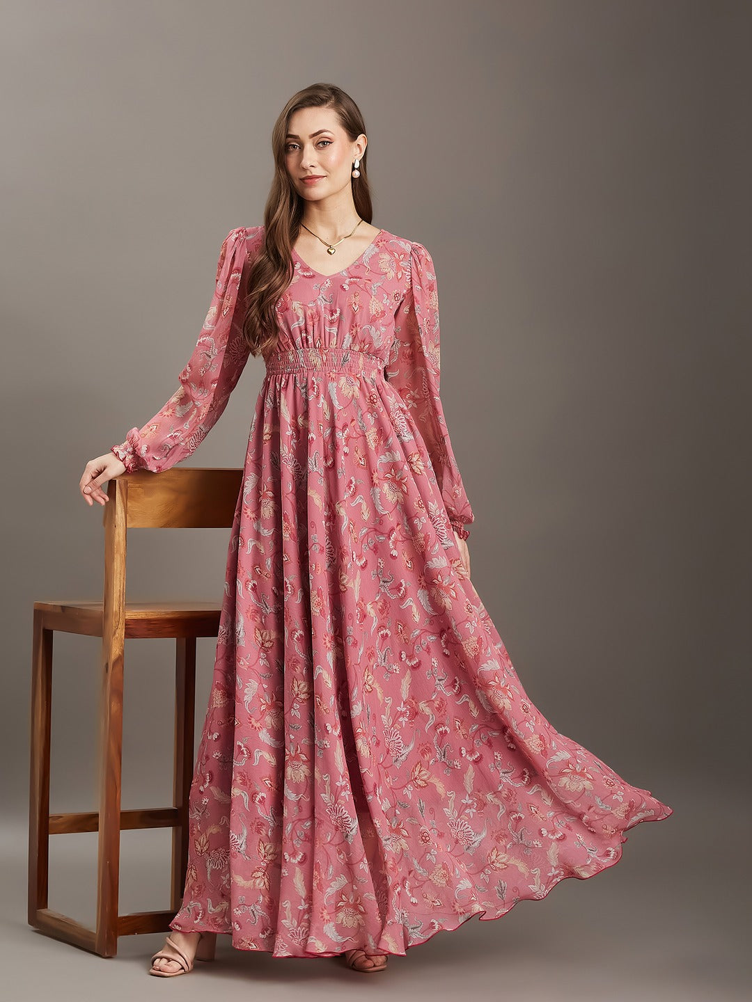 Pink V-Neck Smocked Bishop Sleeve Floral Gathered Chiffon Maxi Dress for Women