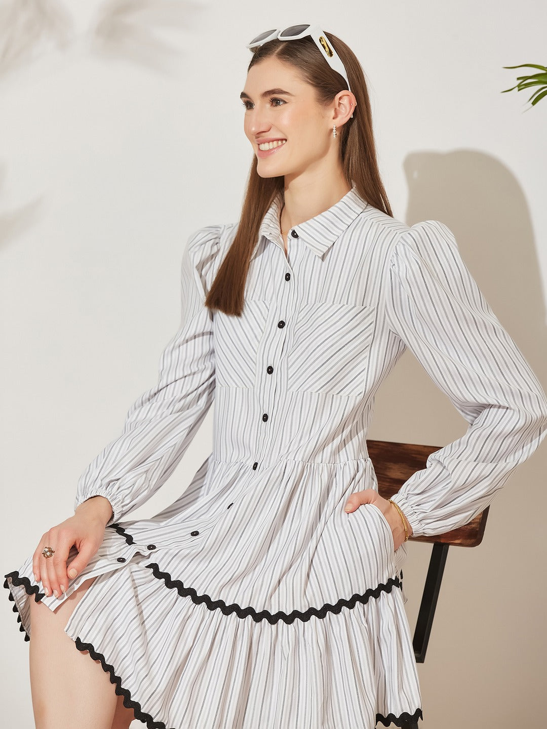 Black and Grey Striped Cotton Shirt Dress with Balloon Sleeves and Chest Pockets for Women