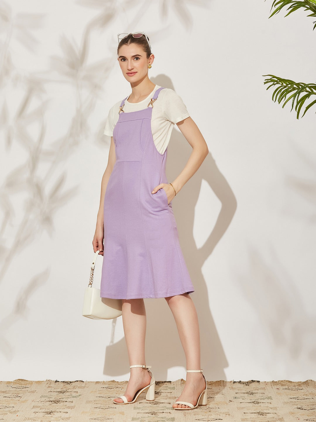 Lavender Round Neck Half Sleeve Solid Panneled/ Pinafore Knee-Long Polyester Dress Co-Ord Set for Women