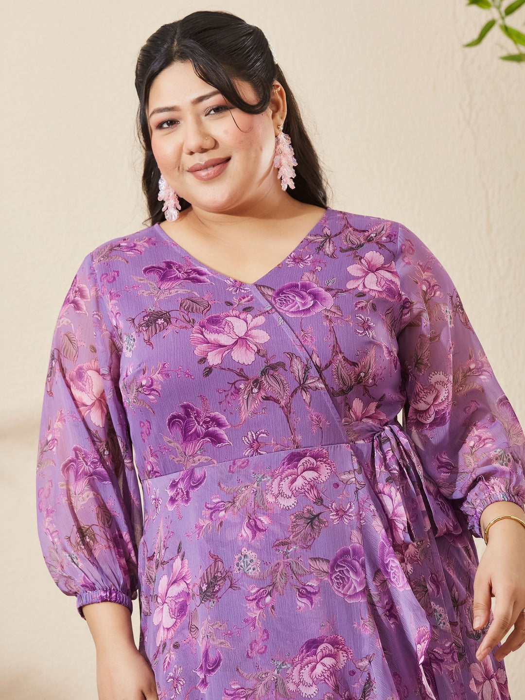 Lavender Floral V-Neck 3/4 Sleeve Wrap Chiffon Midi Dress for Women