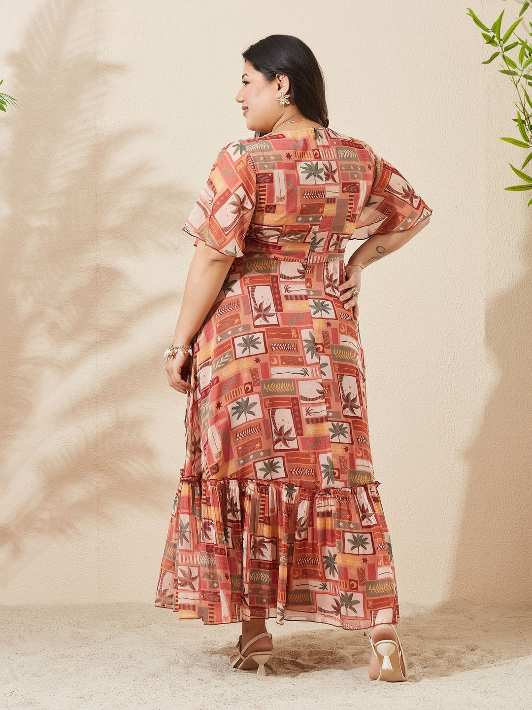Peach Floral V-Neck Flutter Sleeve Wrap Chiffon Maxi Dress for Women