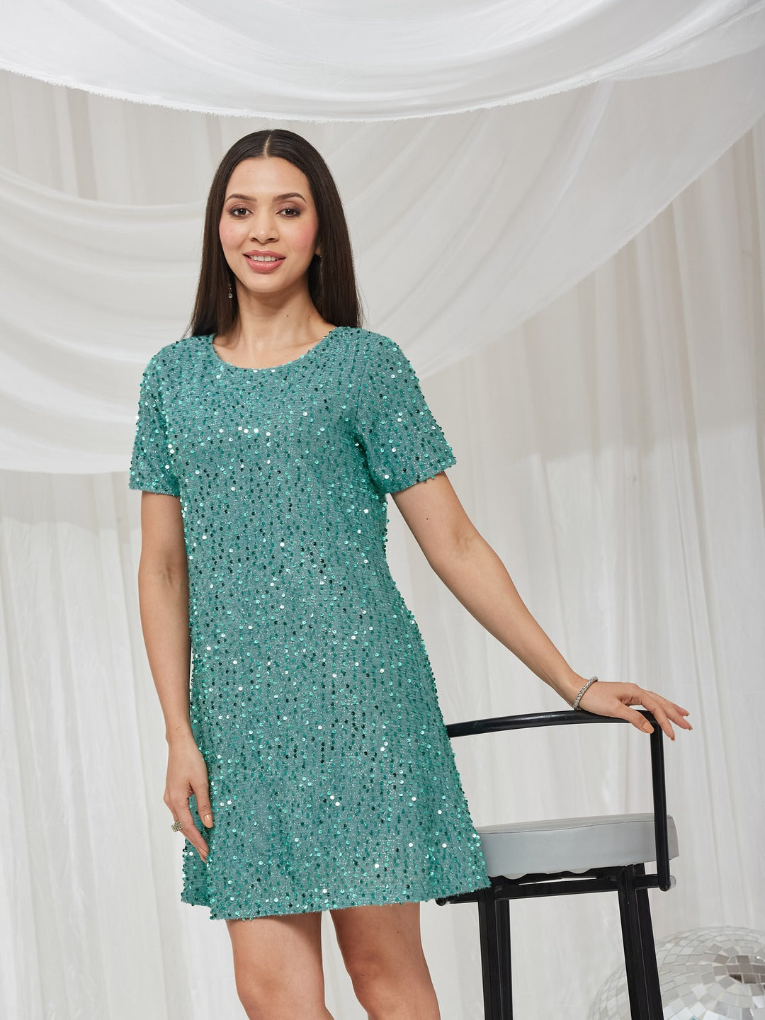 Turquoise Round Neck Half Sleeve Embellished A-Line/ T-Shirt Knee-Long Sequined Dress for Women