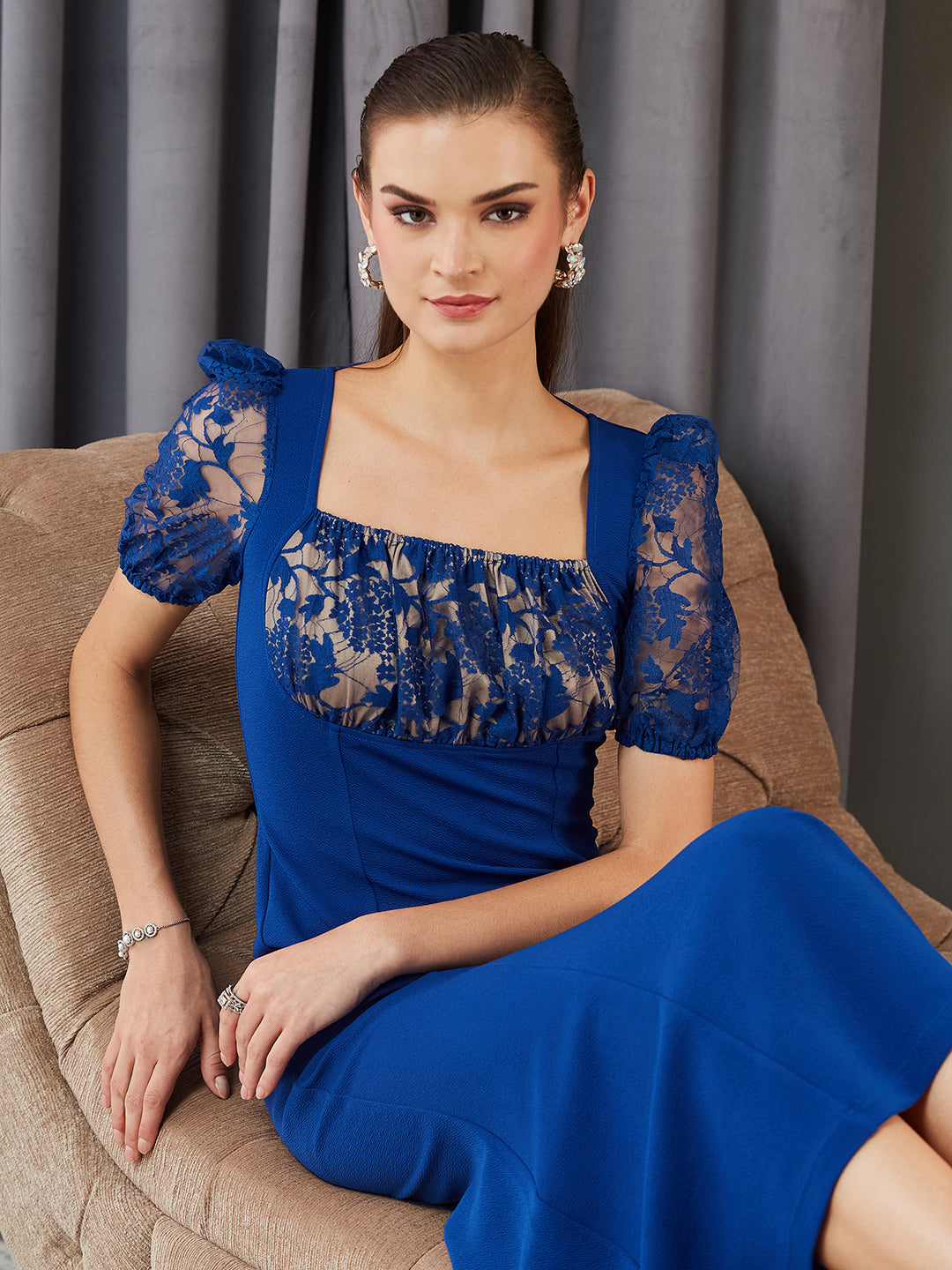 Royal Blue Square Neck Puff Sleeve Self Design Lace Overlaid Ankle Length Dress for Women