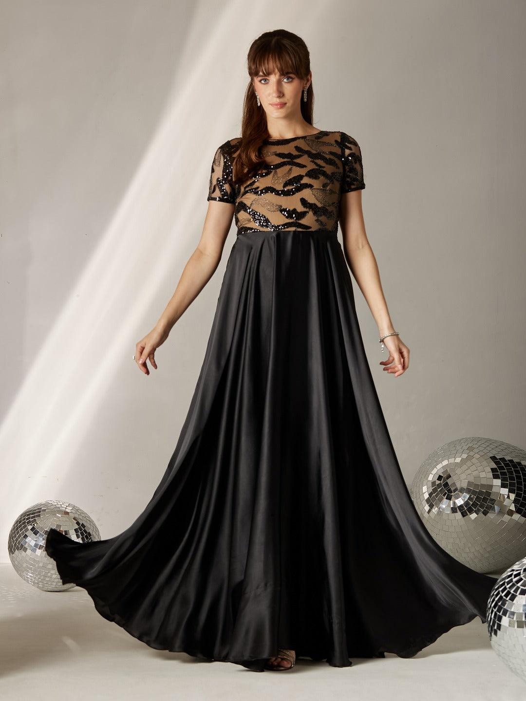 Black Boat-Neck Short-Sleeve Abstract Fit & Flare Satin Maxi Dress for Women