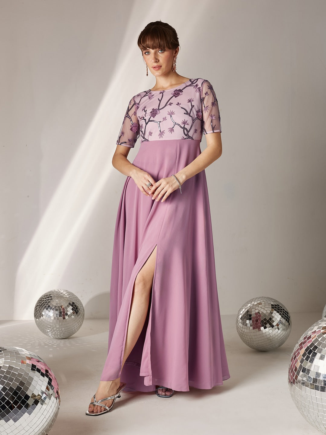 Dusty Lavender Round Neck Half Sleeve Solid Embellished Maxi Dress for Women