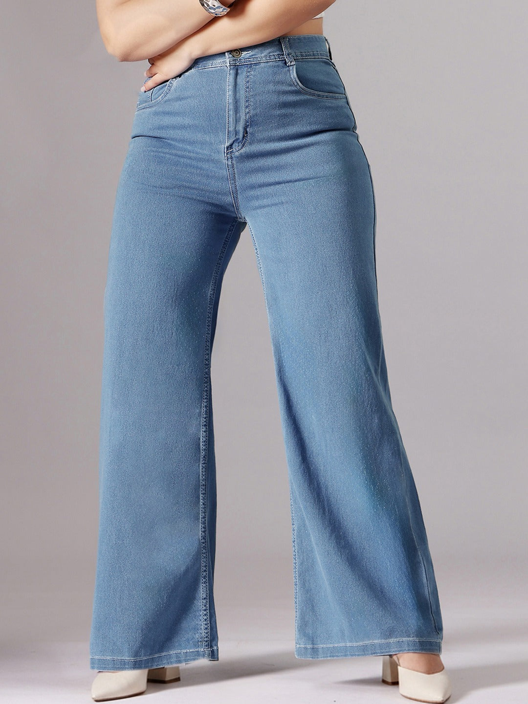 Blue Wide-Leg High-Rise Stretchable Denim Jeans for Women