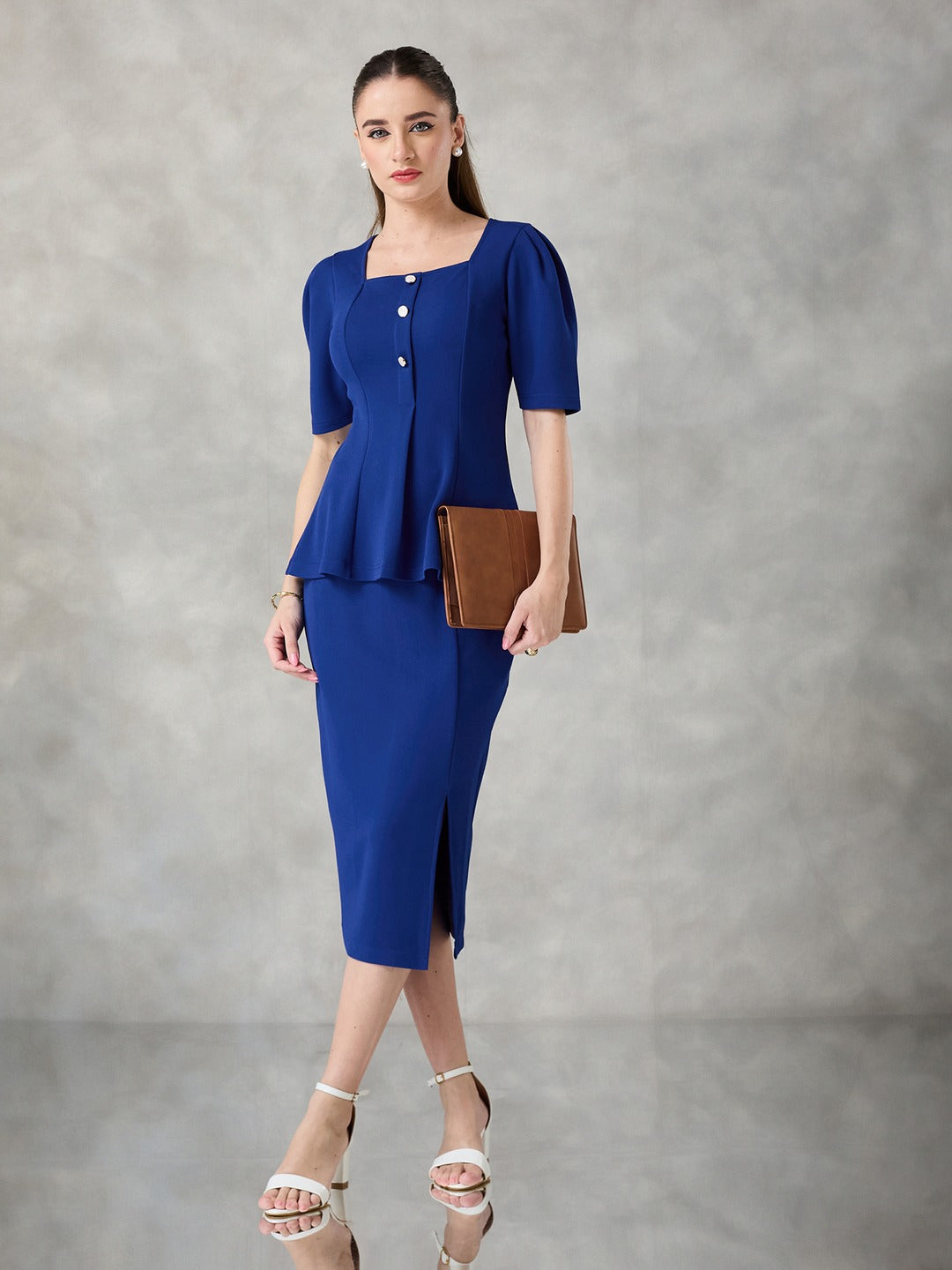 Royal Blue Square Neck Half Sleeve Solid Peplum Knee-Long Premium Polyknit Co-Ord Set for Women