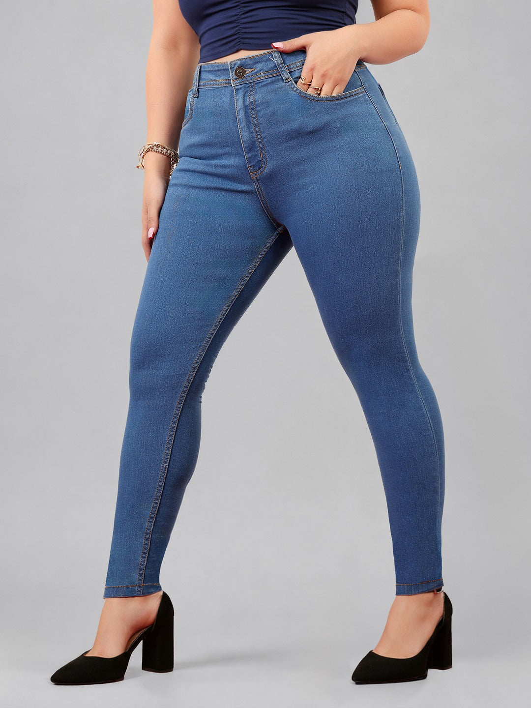 Blue Skinny High Rise Distressed Denim Jeans for Women