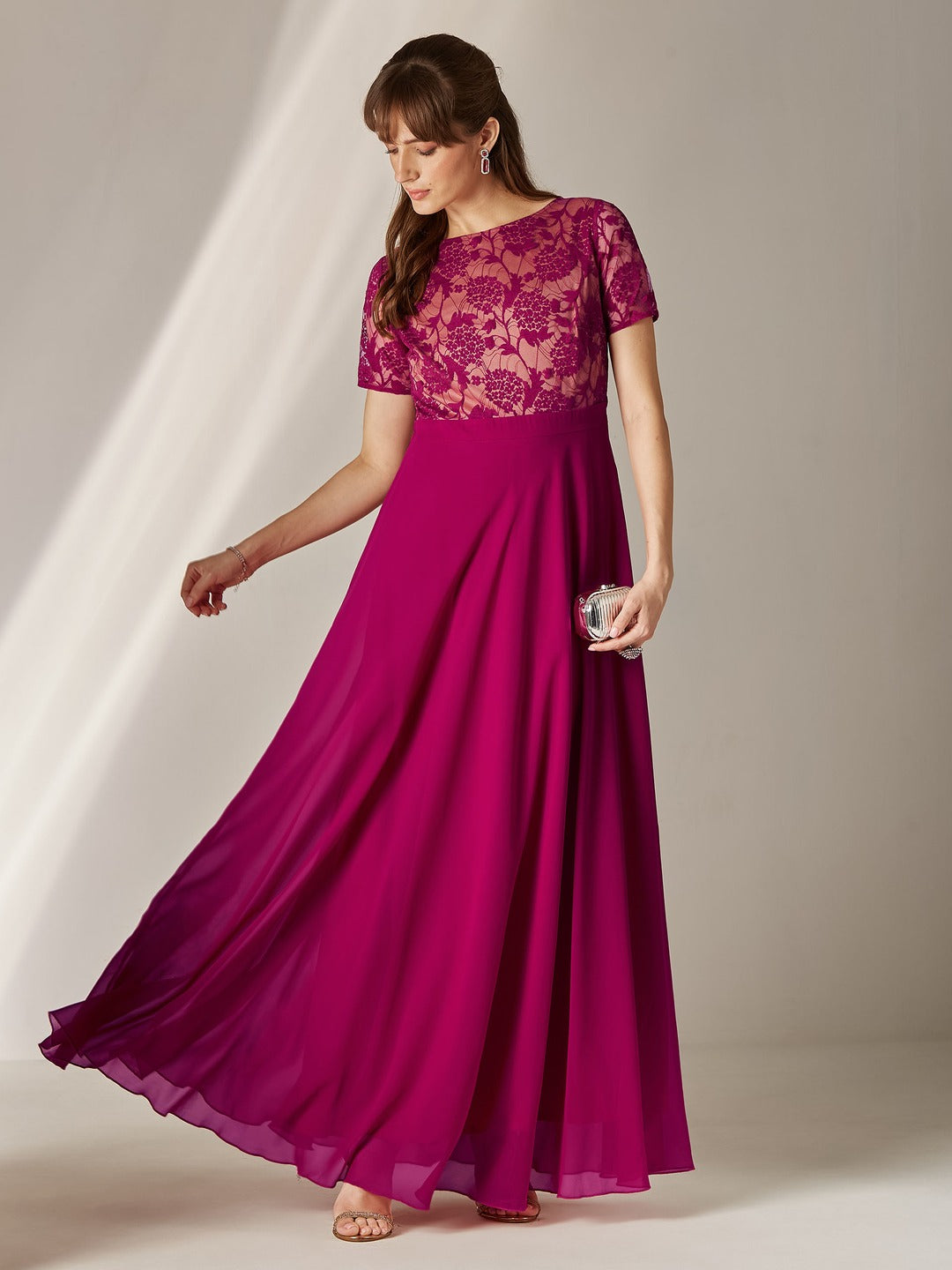 Dark Pink Round Neck Half Sleeve Self-Designed Fit & Flare Georgette Maxi Dress for Women