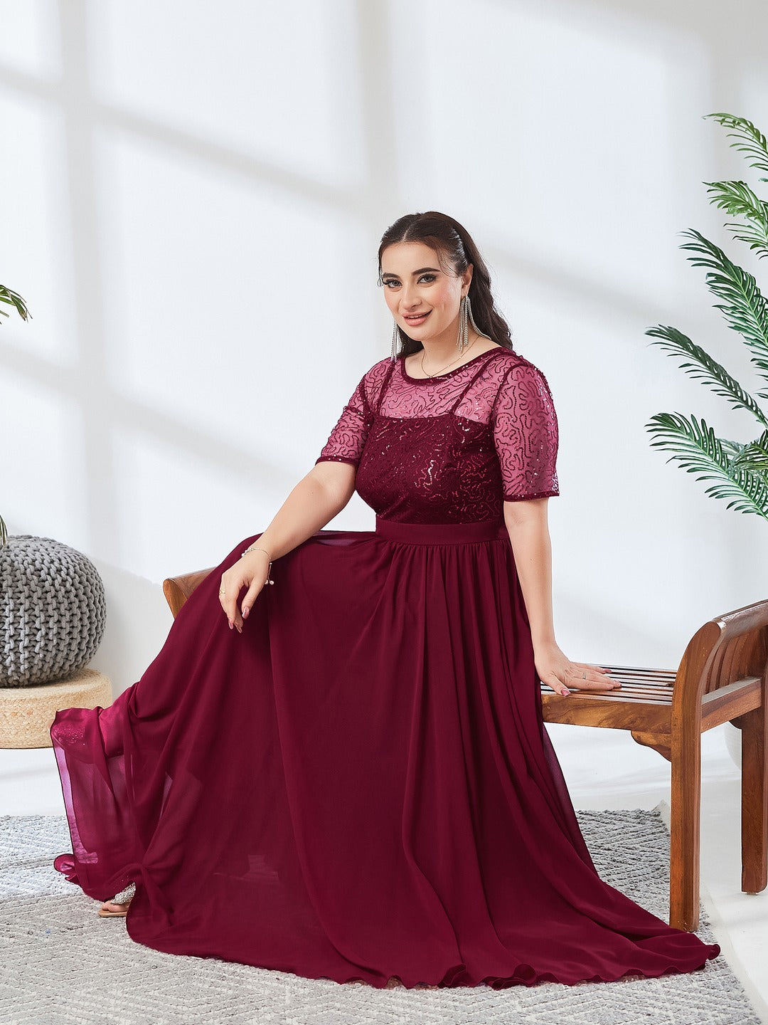 Maaroon Relaxed Fit Maxi Georgette & Sequins Dress for Women