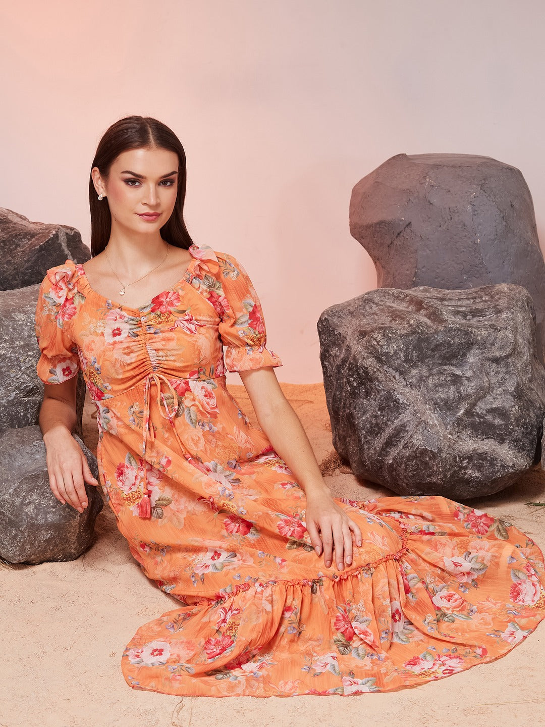 Orange V-Neck Puff Sleeve Floral Ruching Ankle-Length Dress for Women