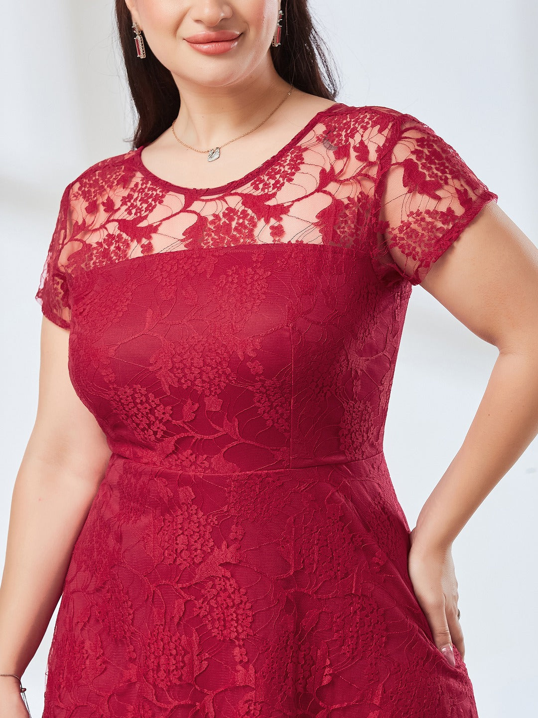 Dark Pink Round Neck Cap Sleeves Low Back Lace Skater Dress for Women