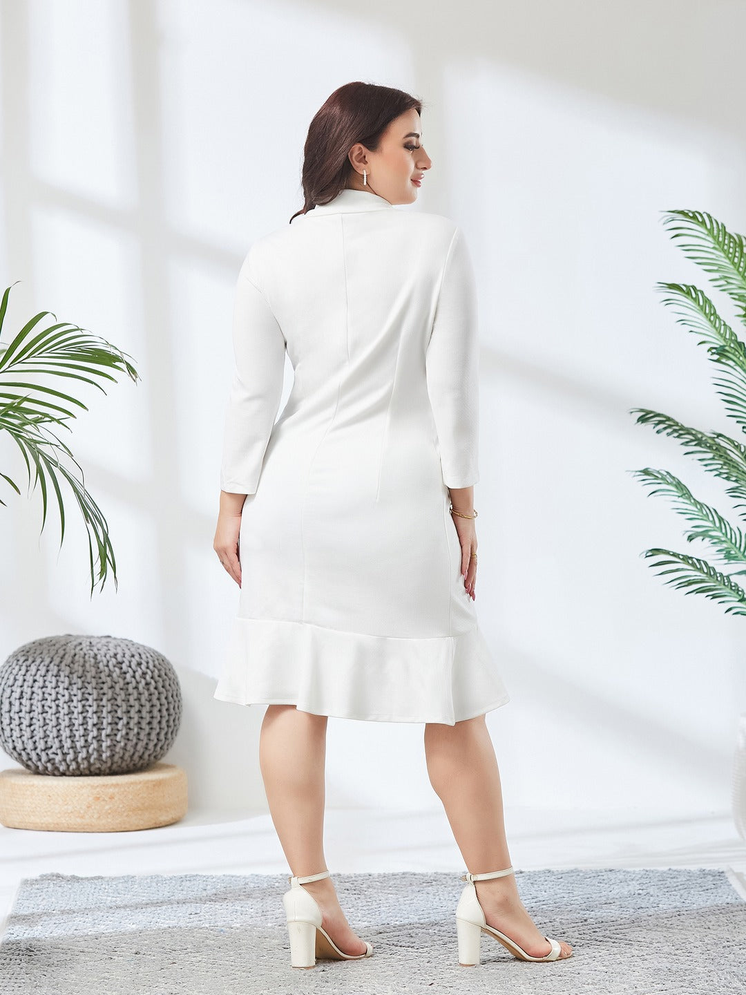 Off White Solid Double Breasted Knee Length Dress for Women