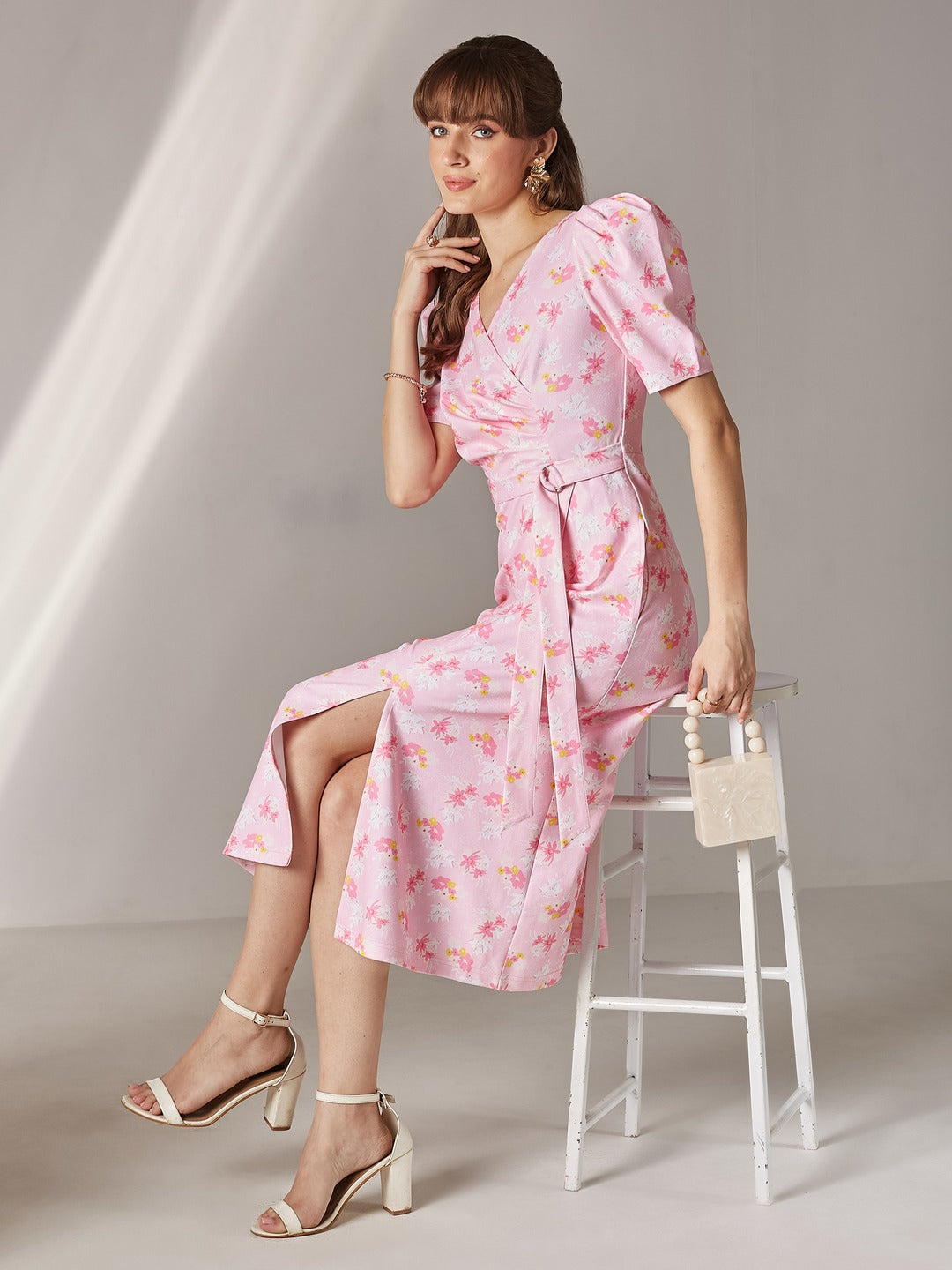 Pink V-neck Puff Sleeve Floral Wrap Midi Dress for Women