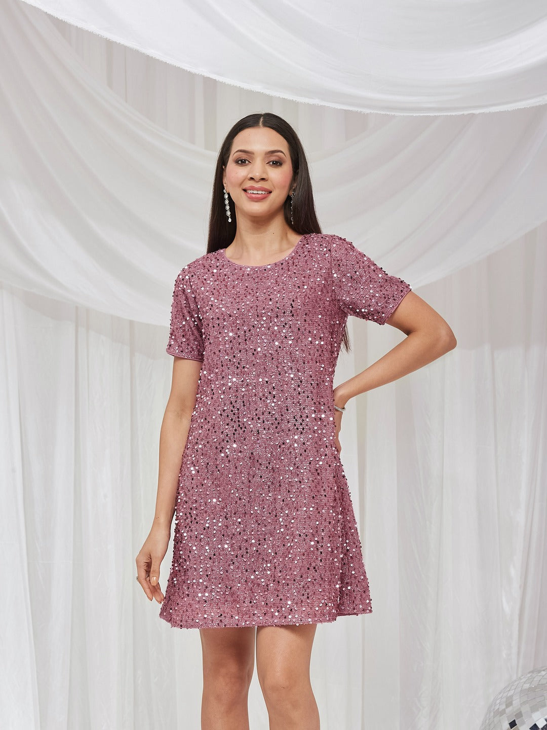 Lavender Round Neck Half Sleeve Embellished A-Line/ T-Shirt Knee-Long Sequined Dress for Women