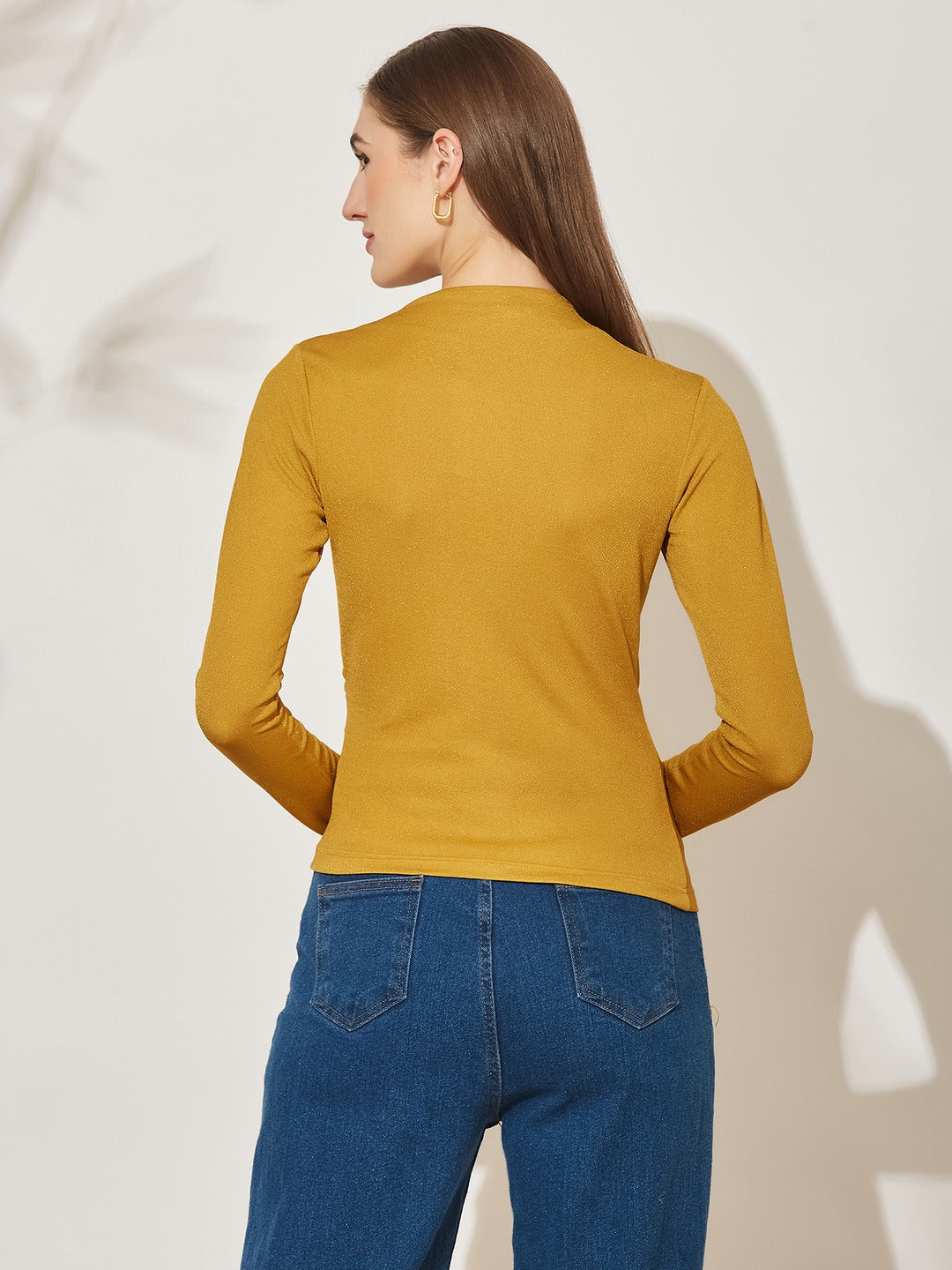Golden Draped Polo Neck Full Sleeve Polyester Top for Women