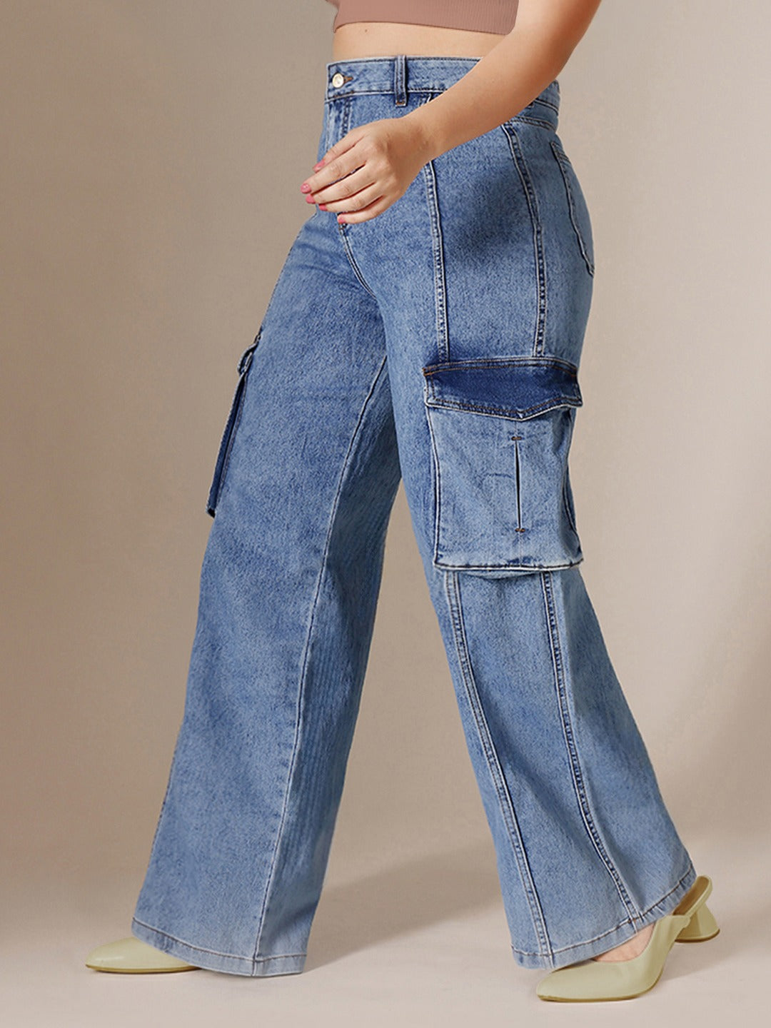 Blue Wide-Leg High-Rise Stretchable Patch-Pocketed Denim Jeans for Women