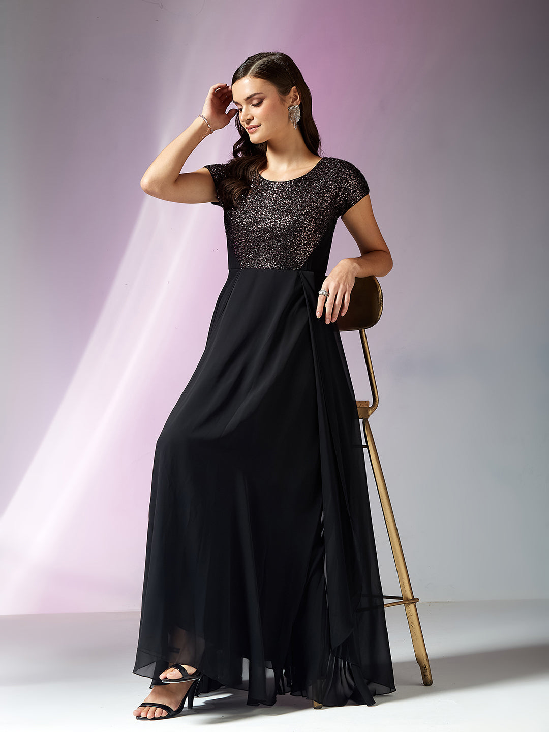 Black Round Neck Short Sleeve Embellished Fit & Flare Maxi Georgette Dress for Women