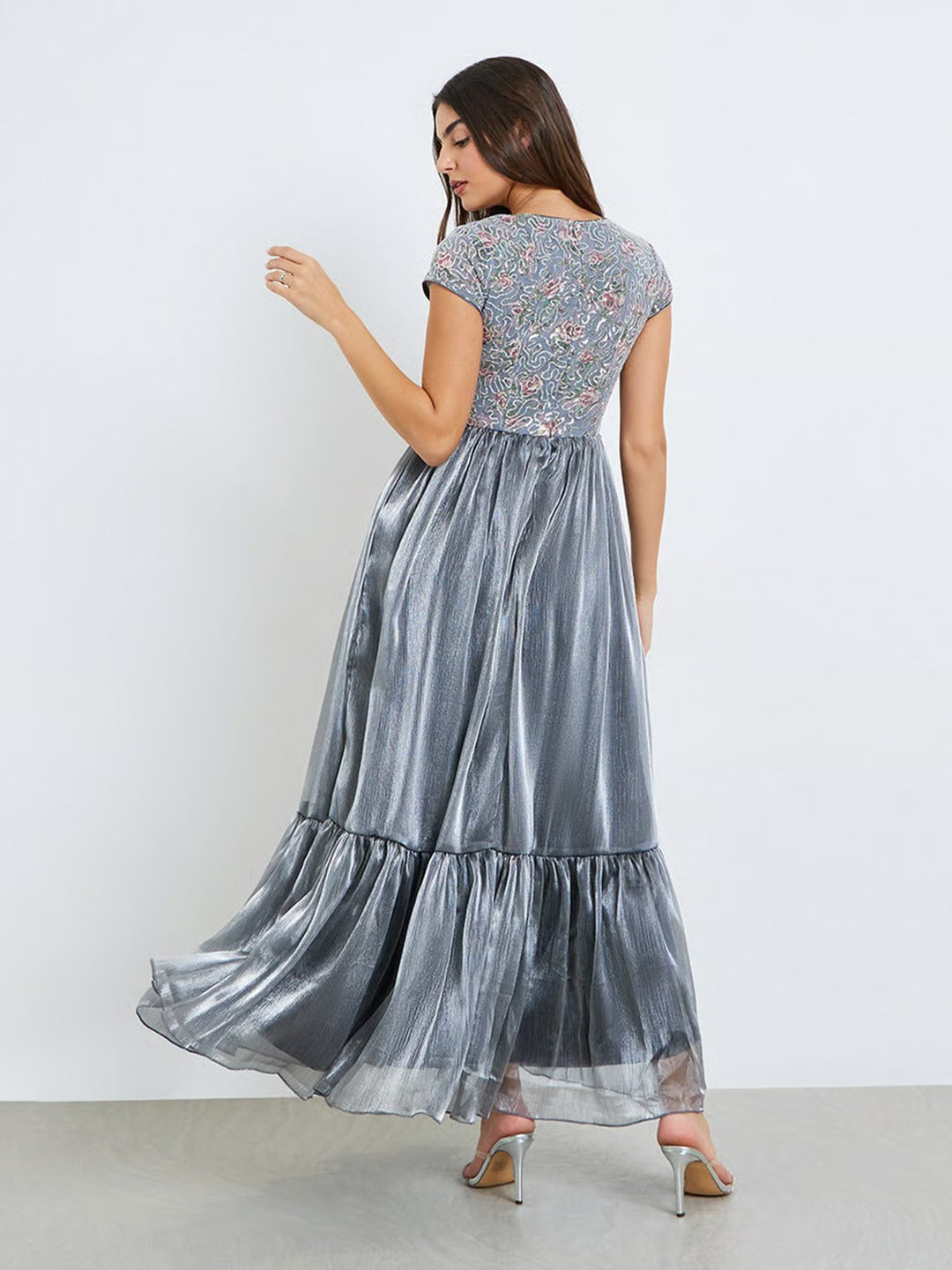 Silver Asymmetric Short Sleeve Embellished Tiered Chiffon Maxi Dress for Women