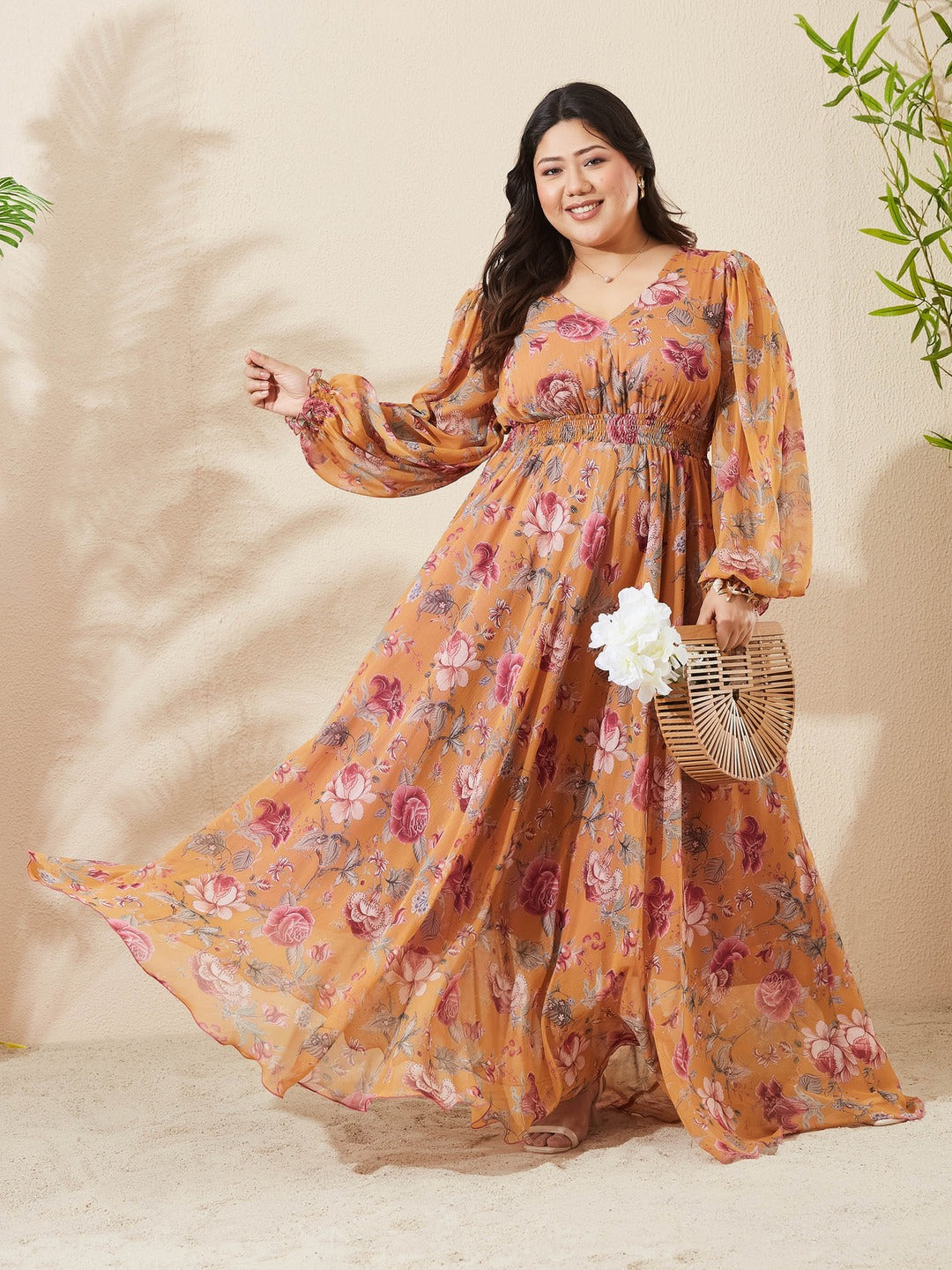 Mustard Floral V-Neck Bishop Sleeve Smocked Chiffon Maxi Dress for Women