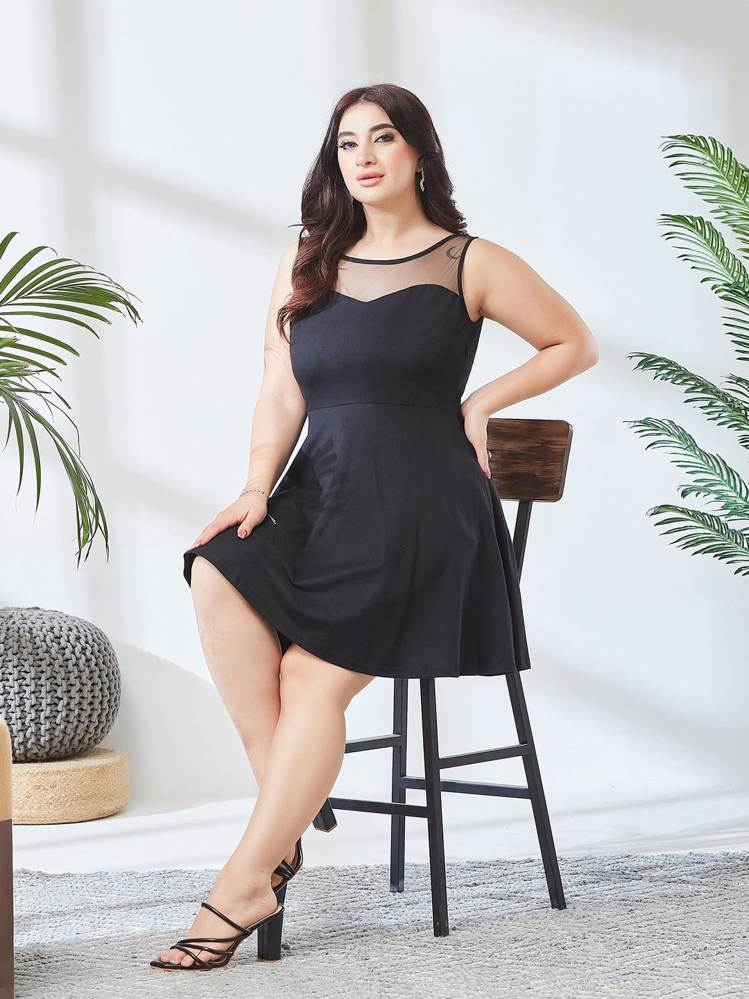 Black Round Neck Sleeveless Back Cut Out Bow Mini Skater Dress for Women