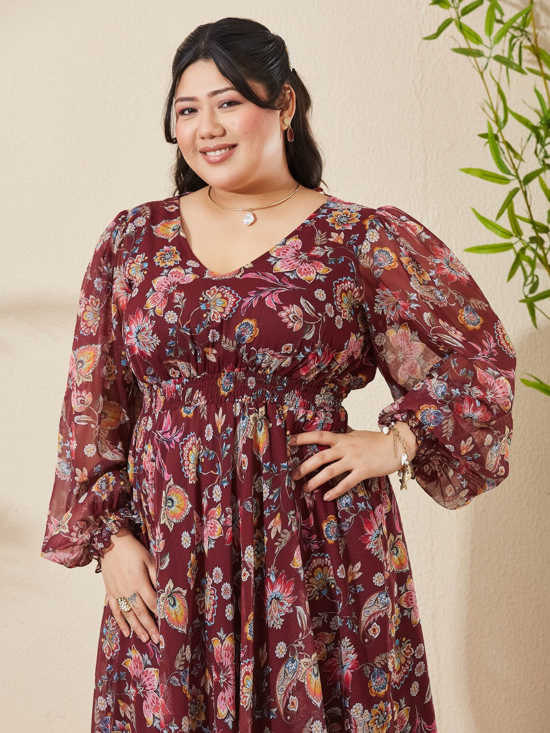 Burgundy Floral V-Neck Bishop Sleeve Smocked Chiffon Maxi Dress for Women