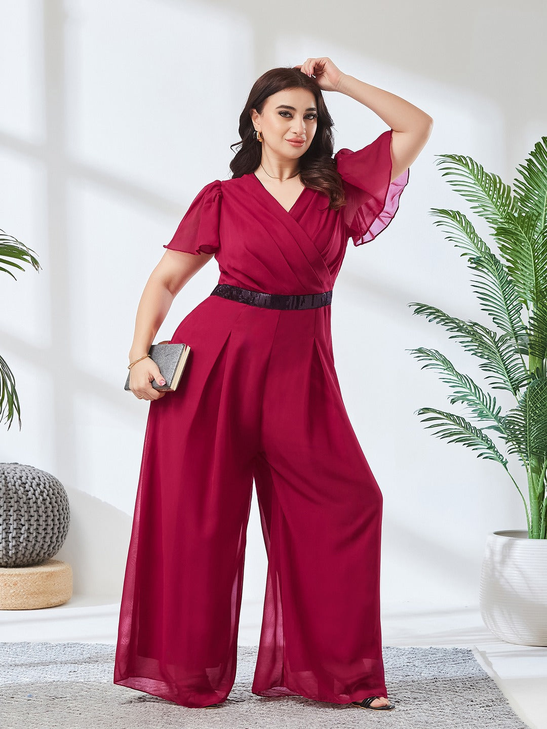 Pink Solid Relaxed Fit Short Sleeve V-Neck Ankle-Length Straight Jumpsuit for Women