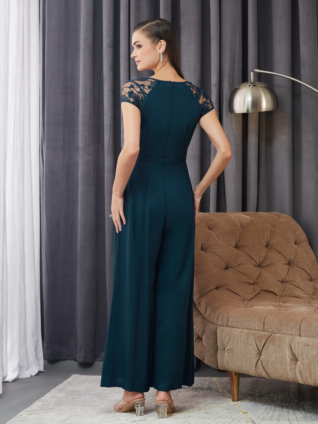 Teal Sweetheart Raglan Sleeve Self-Design Lace Overlaid Regular Fit Viscose Rayon Jumpsuit for Women