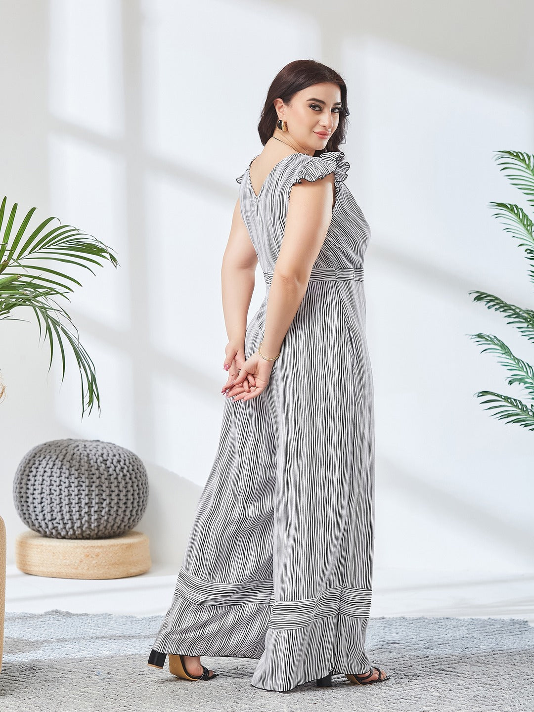 Black and White Striped V-Neck Frill Viscose Rayon Wrap Relaxed Fit Regular Jumpsuit for Women