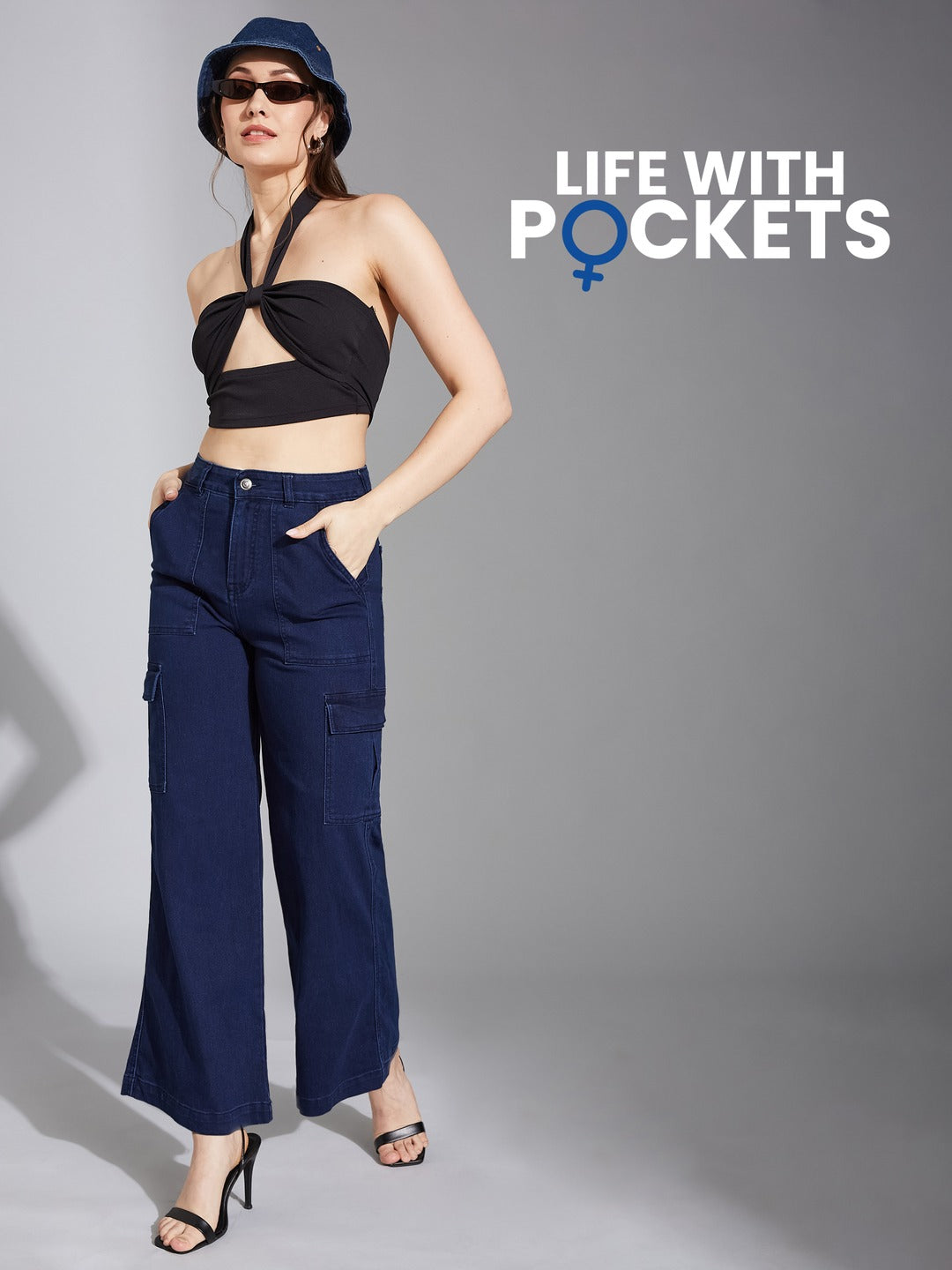 Navy Blue Wide-Leg High-Rise Stretchable Denim Cargo Jeans for Women