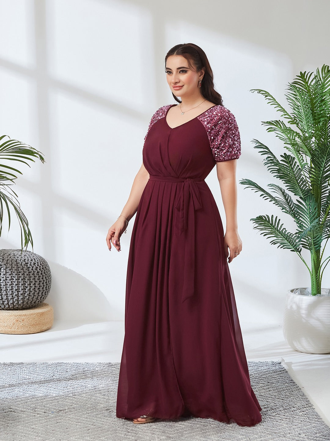 Wine Relaxed Fit Maxi Georgette Dress for Women