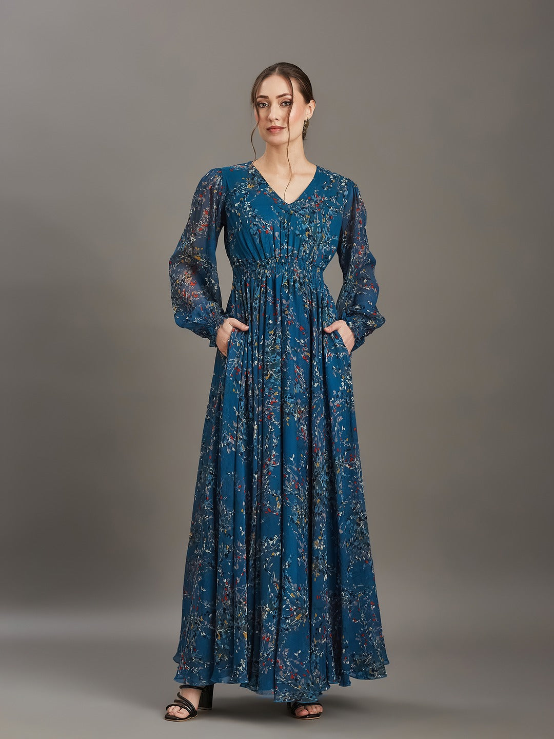 Teal V-Neck Smocked Bishop Sleeve Floral Gathered Chiffon Maxi Dress for Women