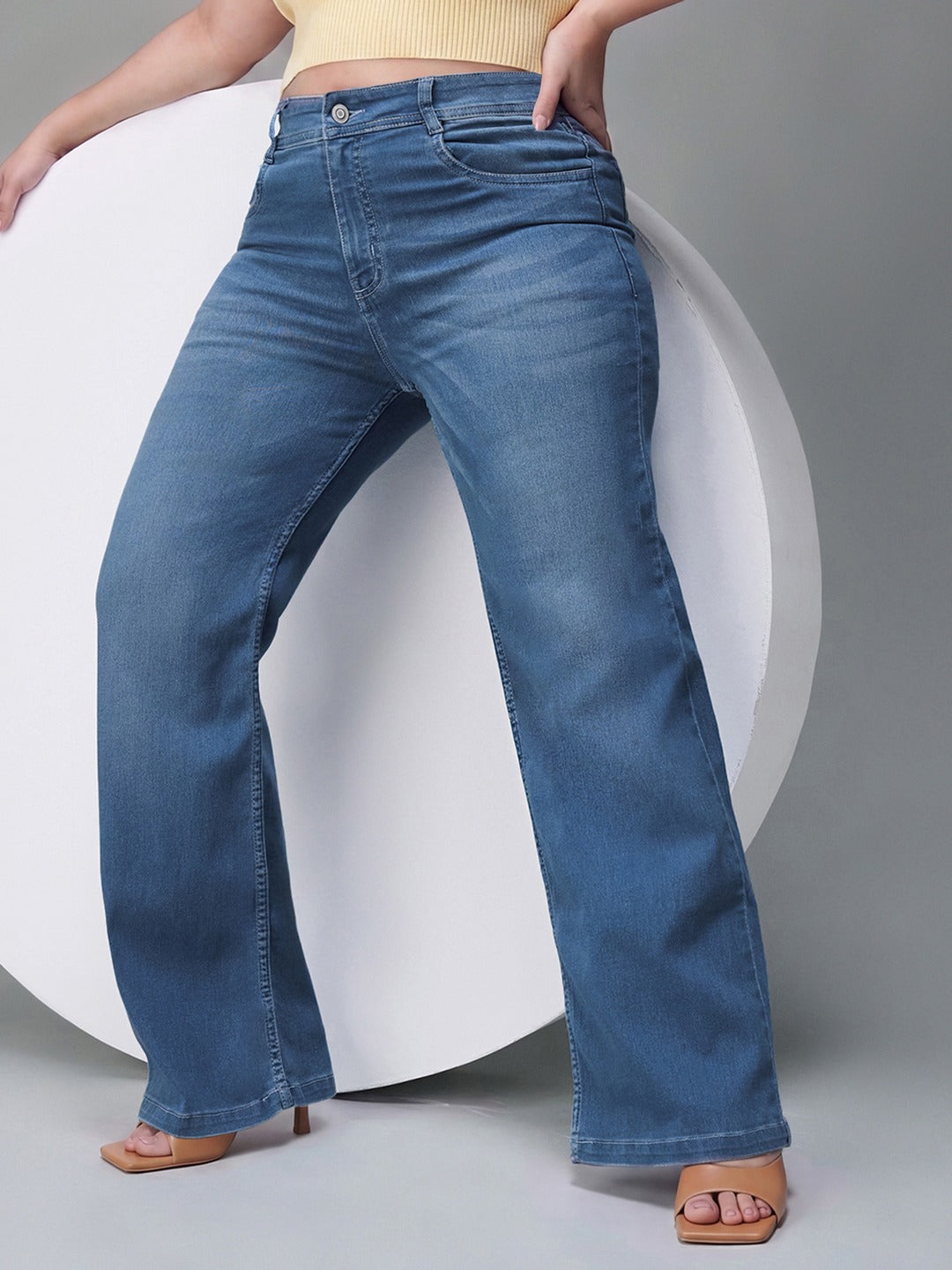 Light Blue Wide-Leg Mid Rise Blast Effect Denim Jeans for Women