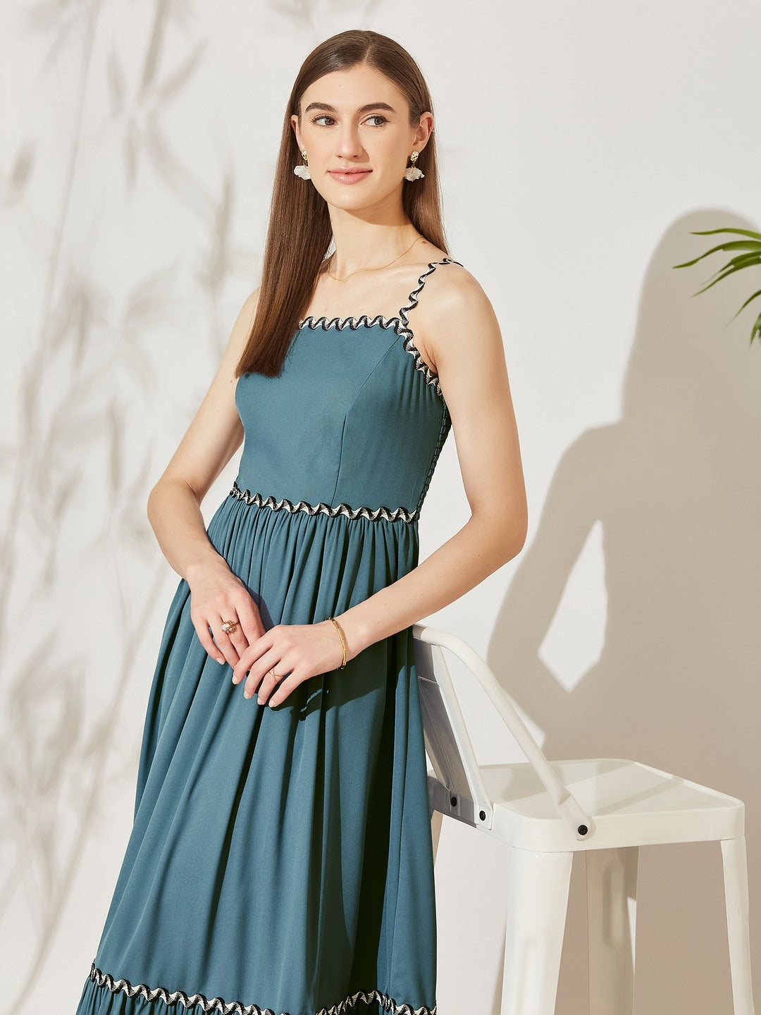 Azure Blue Square Neck Sleeveless Solid Tiered Maxi Crepe Dress for Women