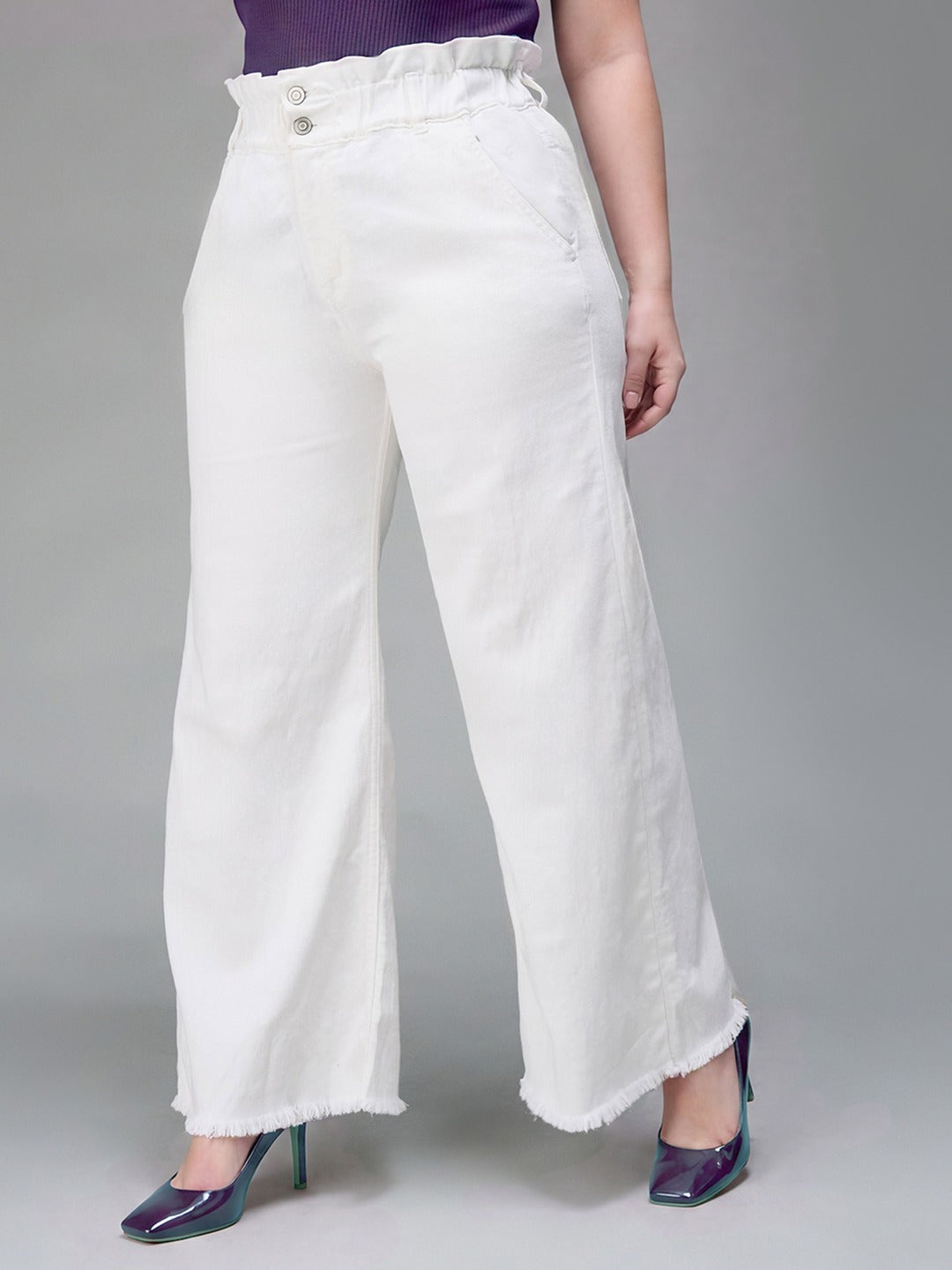 White Flared High Rise Ankle length Stretchable Denim Jeans for Women