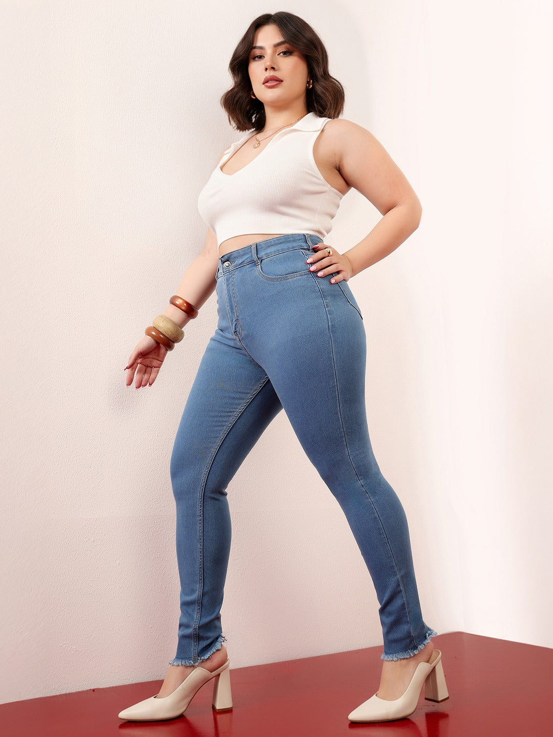 Blue Skinny High Rise Cropped Length Fringe Detailing Stretchable Denim Jeans for Women