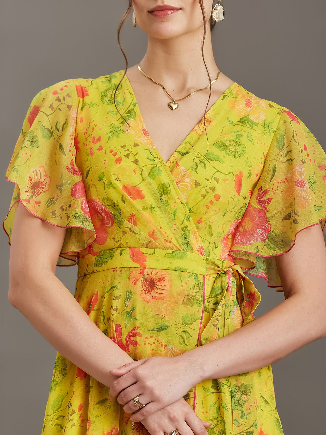 Acid Yellow V-Neck Flared Floral Overlap/Tie-Up Maxi Chiffon Dress for Women
